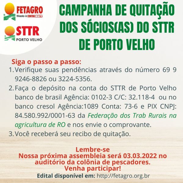 Sindicato dos Trabalhadores e Trabalhadoras de Porto Velho convida para assembleia  